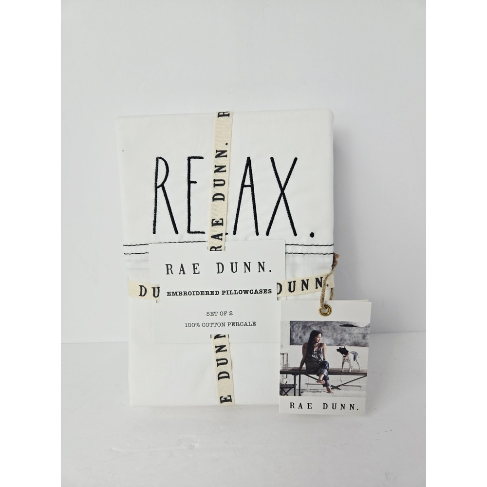 New Rae Dunn RELAX White Cotton Percale‎ Standard Pillowcases set of 2